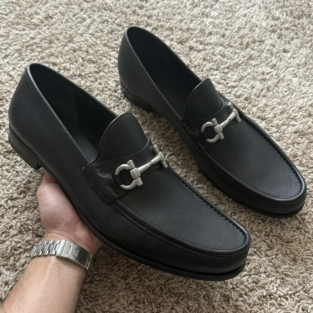 Salvatore Ferragamo Italy Pebbled Leather Black Horsebit Loafers Men’s Size 16 D